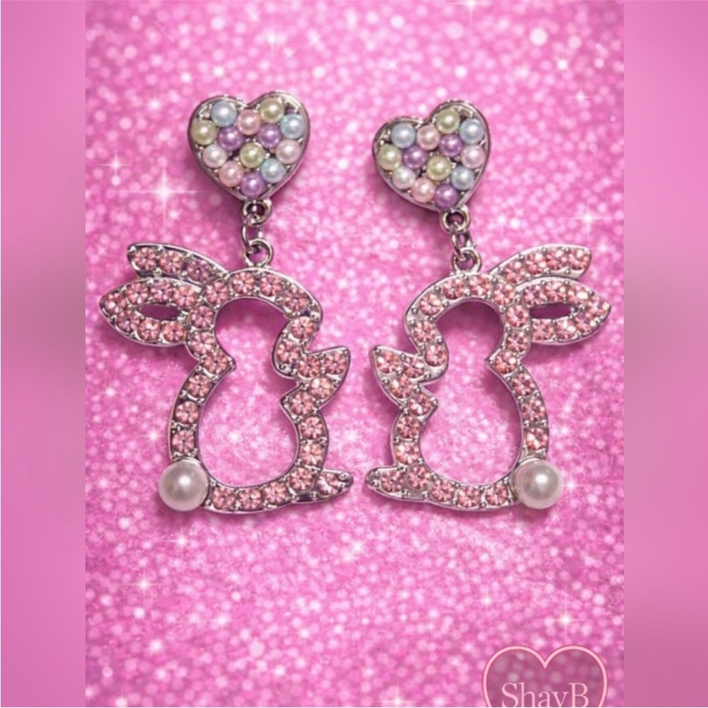 Pink Sparkle Bunny Heart Earrings